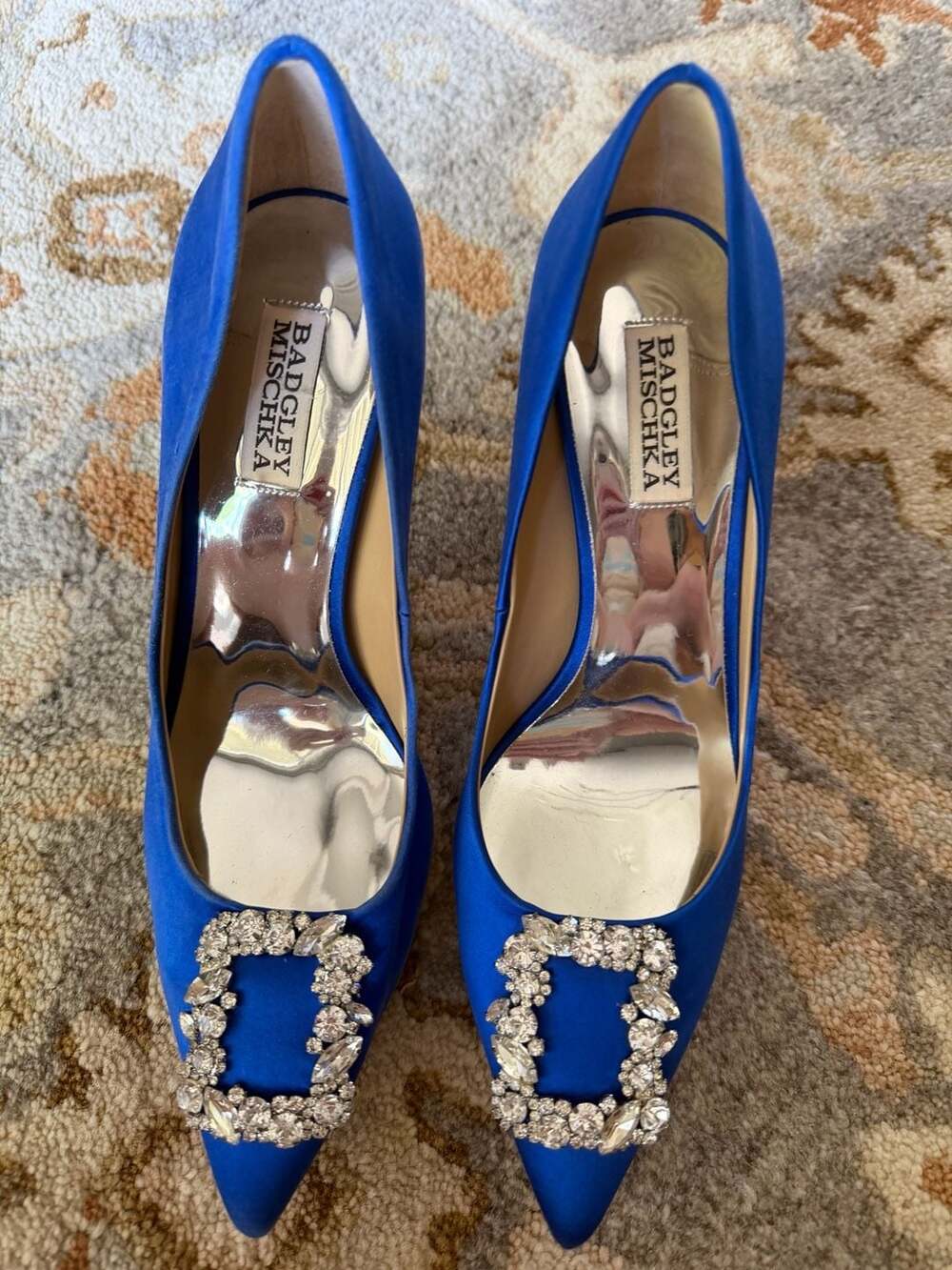 Badgley Mischka Blue Cher Crystal Embellished Satin Stiletto Pumps